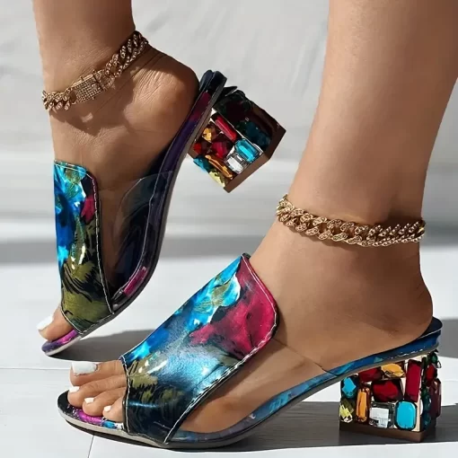 oDWqWomen s Chunky Heeled Sandals Rhinestone Heeled Peep Toe Slip On Mid Heels Versatile Fashionable Sandals