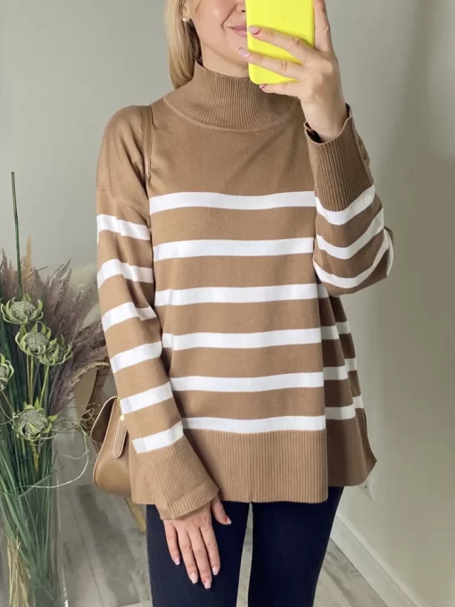 ohWaTurtleneck Women s Striped Sweater Black and White Thick Warm Winter Jumper Female Vintage Gray Green