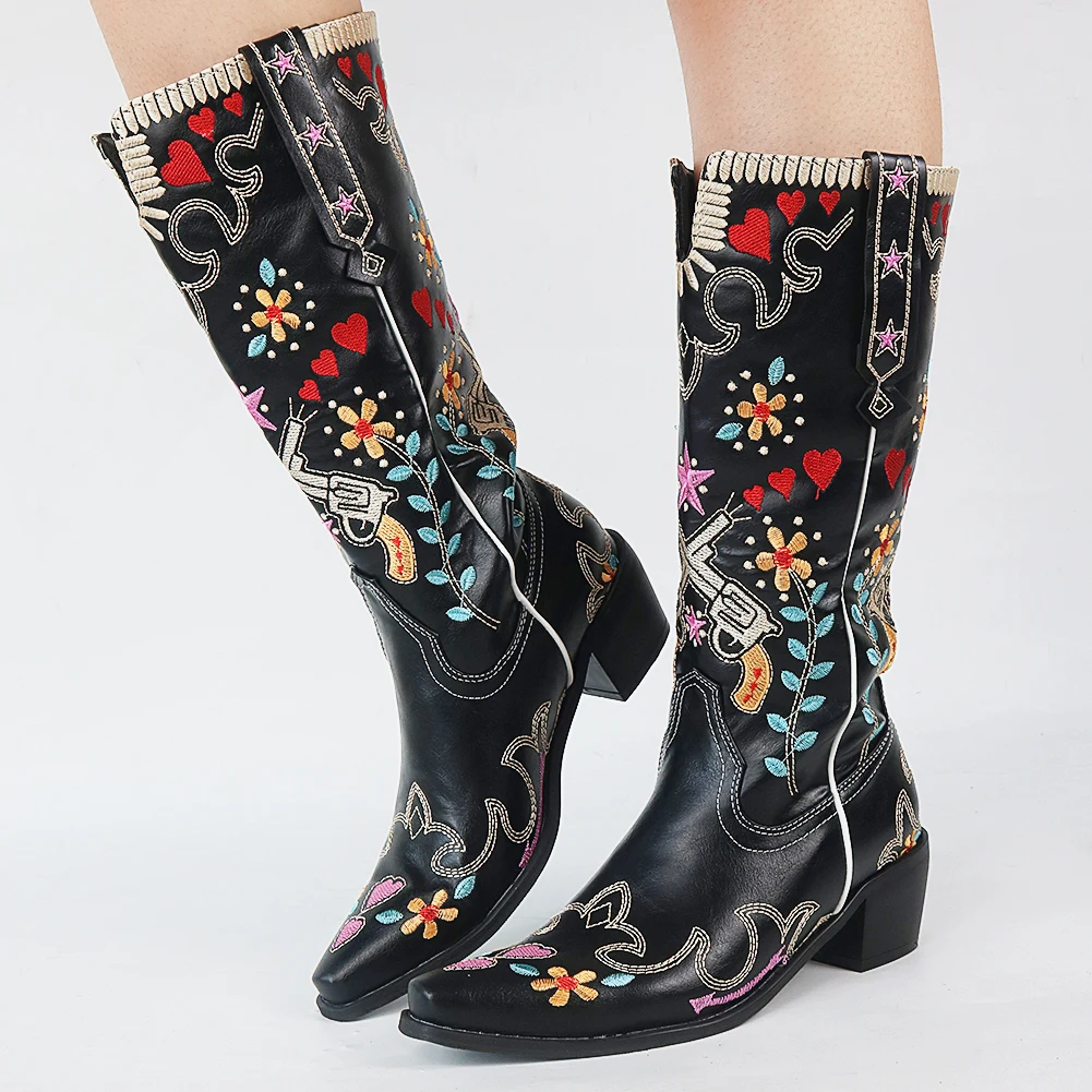 p5yyBONJOMARISA Brand Cowboy Embroidery Floral Western Boots For Women Slip On Mid Calf Boots Woman Casual