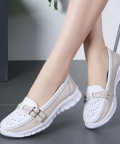 q1GLWomen Shoes Summer Flats Hollow Leather Breathable Moccasins Women Boat Shoes Ladies Walking Casual Shoes zapatos