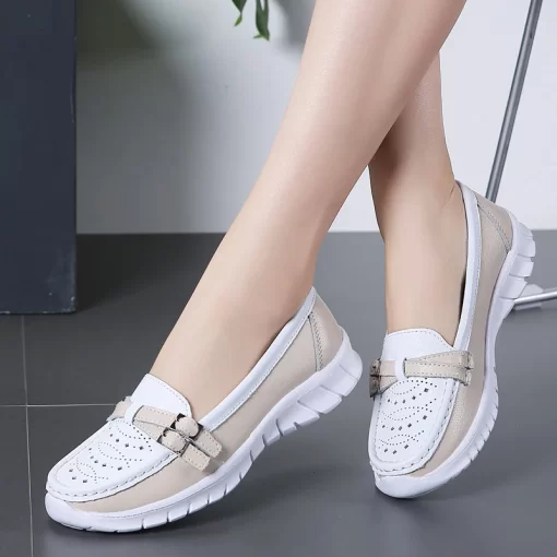 q1GLWomen Shoes Summer Flats Hollow Leather Breathable Moccasins Women Boat Shoes Ladies Walking Casual Shoes zapatos