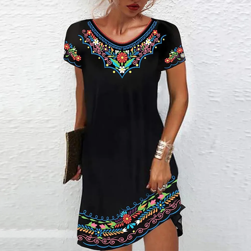 qHiOM 3XL Vintage Elegant Ethnic Dress for Women 2023 Summer Loose Bohemian Beach Midi Dress Casual
