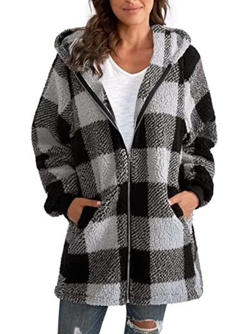 qVeu2022 Autumn Winter Plaid Faux Fur Coat Women Teddy Coat Hooded Jackets Female Furry Teddy Bear