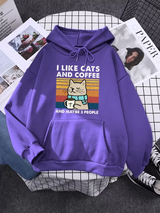 qYDsi like cats and coffee Printed Women Hoody Kpop Comfortable Tracksuit Solid Hooded Sportswear Personality Warm