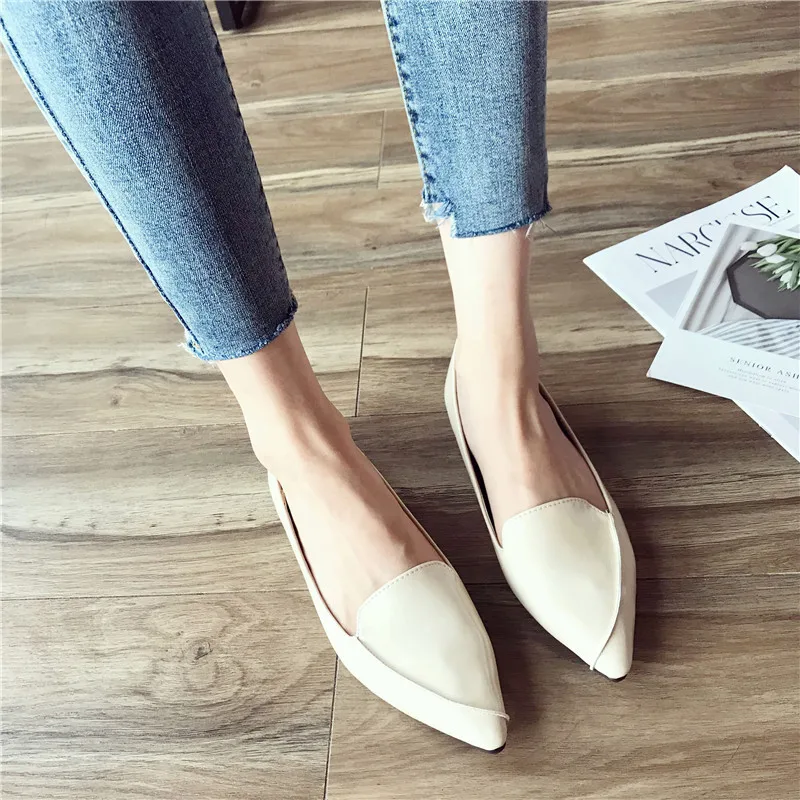 qZaQWomen Flats Basic Style Pointed Toe Pu Leather Solid Color OL Working Shoes Soft Sole Size