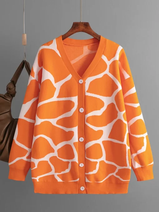 qrosWomen Knitted Cardigan Winter Autumn Warm Long Sleeve Tops Korean Thick Print Cardigan Coat Casual Oversized