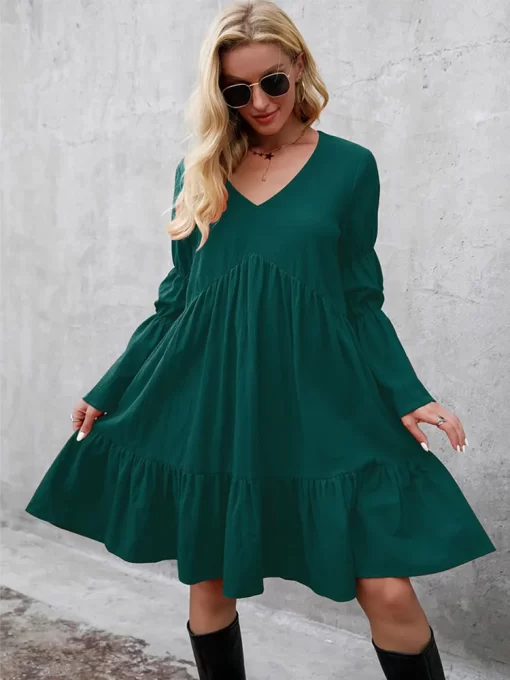 qvJNOversize Loose Dress Women Summer Bohemian Mini Dress Female Fashion V Neck Long Sleeve Big Swing
