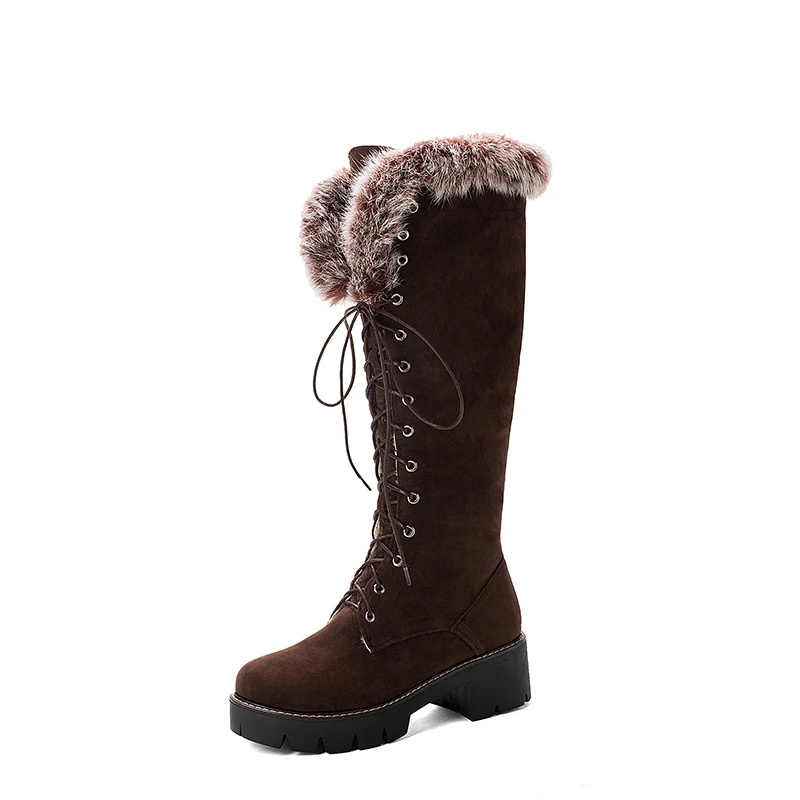 rf12ENMAYER Fretwork Heels Velvet Zip Over the Knee Boots Winter Round Toe Fur Med Solid Women