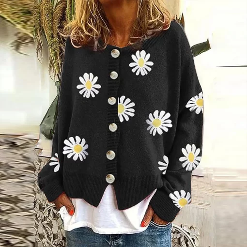 sJscWomen Cardigan Daisy Embroidery Knitted Sweater Single Breasted Full Sleeve V Neck Autumn Outwear Green Cardigan