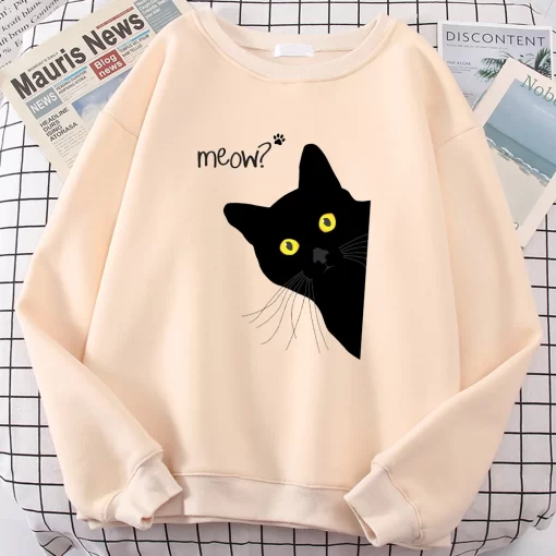 seItMeow Black Cat Printed Mens Sweatshirts Funny Cute Long Sleeves Casual Personality Clothes Fleece Autumn Warm