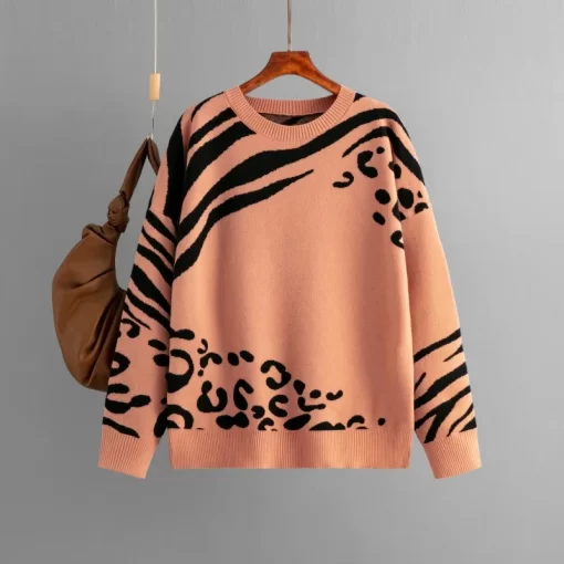 shDpAutumn Leopard Knitted Sweater Women Pullover Winter Korean Fashion Casual Long Sleeve Pullover Women Tops Loose