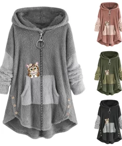 svMoWomen s Fashion Zipper Cat Print Long Sleeve Stitching Warm Sweater Tops Coat Winter