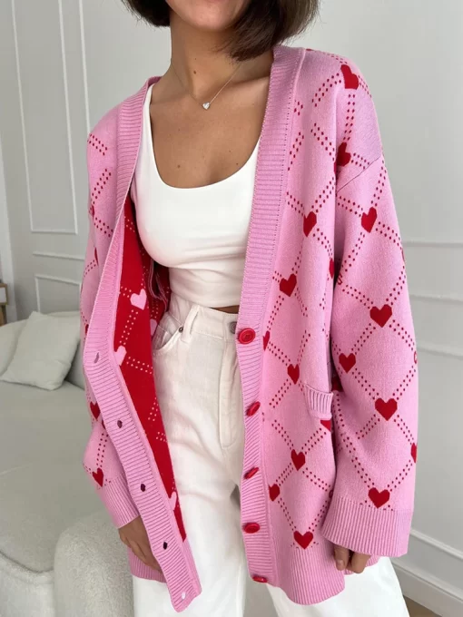 swE5Pink Women s Oversize Cardigan with Hearts Print Cute Soft V neck Thin Knitted Jacket Winter