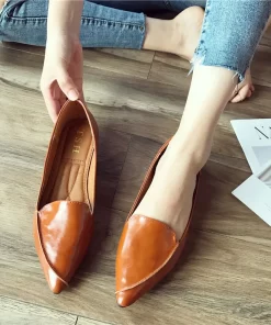 t6UlWomen Flats Basic Style Pointed Toe Pu Leather Solid Color OL Working Shoes Soft Sole Size
