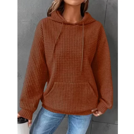 t8pHWomen s Solid Color Sweatshirt Autumn Winter Hooded Sweatshirt Waffle Round Neck Long Sleeve Sweatshirt