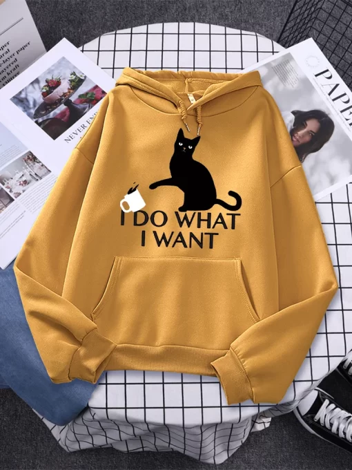 tSrgI Do What I Want Black Cat Printing Hoodies Female Fashion Casual Clothing Autumn Fleece Pullover