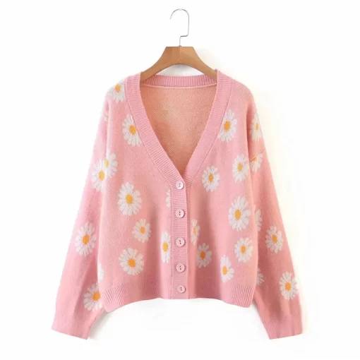 tjj0Kpytomoa Femme Fashion Print Soft Sweater Ladies Full Sleeve Floral Single Little Daisy V Neck Pull
