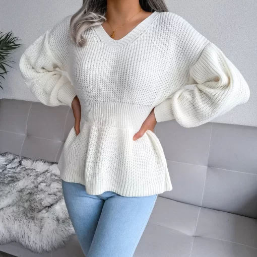 tpGWAutumn Winter Women s Sweater Fashion Knitted Ruffle Long Sleeve Top Casual White V neck Pullovers