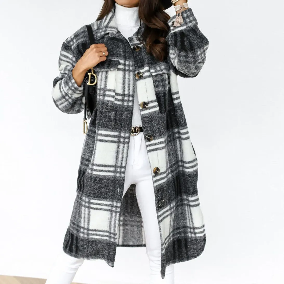 txfq2023 Single Breasted Trench Coat Fashion Long Autumn Winter Women s Clothing Long Sleeve Woolen Plaid
