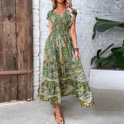 uBKBWomen Vintage Print Long Dress Summer Elegant V Neck Elastic Waist Maxi Dresses 2023 Holiday Bohe