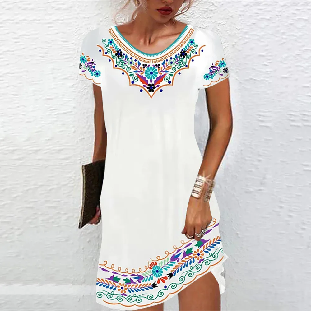 uIlDM 3XL Vintage Elegant Ethnic Dress for Women 2023 Summer Loose Bohemian Beach Midi Dress Casual
