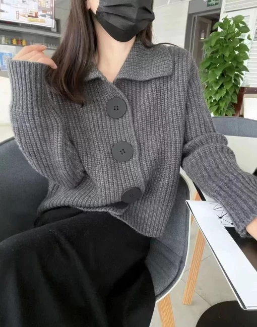 uKzXWomen s Chunky Knit Cardigan Jacket Big Button Collared Soft Woolen Rib knit Sweater Autumn Winter