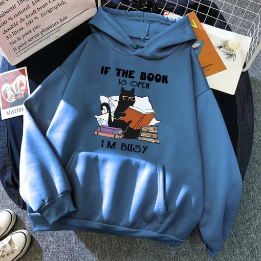 um0fIf The Book Is Open I m Busy Black Cat Hoody Women Casual Crewneck Hoodies Fashion
