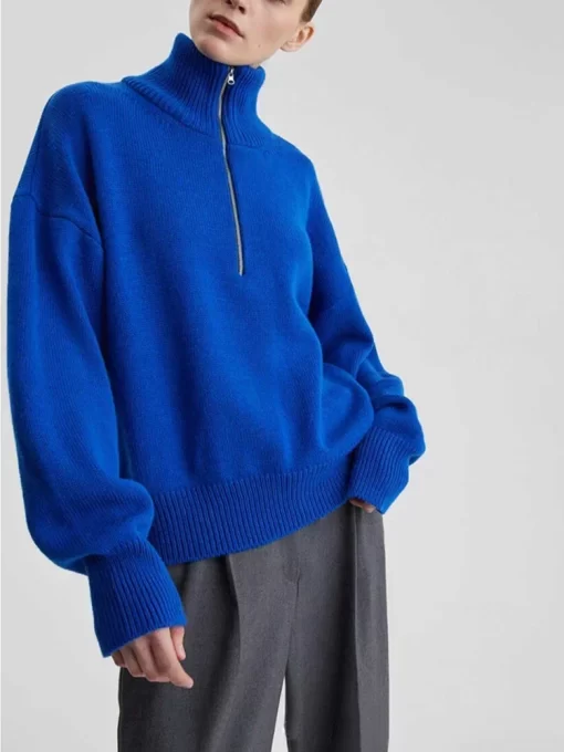 uoRUWomen s Turtleneck Zipper Knitted Sweater Thick Warm Winter Jumper Female Soft Classic Solid Khaki Blue