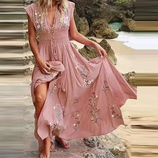uuUMBohemian French Elegant V neck Print Midi Flying Sleeve Dress Women Vacation Beach Style Short Sleeve