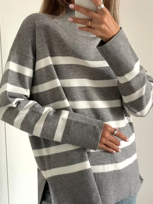 vN0eTurtleneck Women s Striped Sweater Black and White Thick Warm Winter Jumper Female Vintage Gray Green