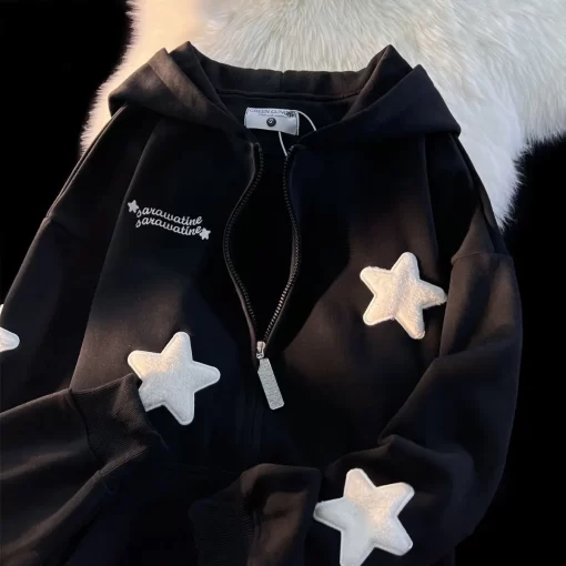 vOu3Y2K Harajuku Macaron Solid Color Star Patch Hooded Sweatshirt for Men and Women Spring and Autumn