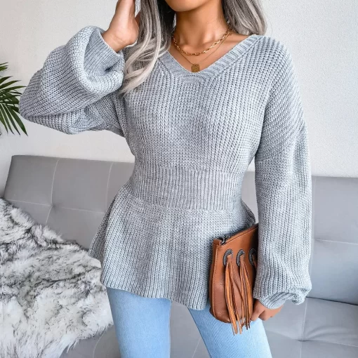 vbAVAutumn Winter Women s Sweater Fashion Knitted Ruffle Long Sleeve Top Casual White V neck Pullovers