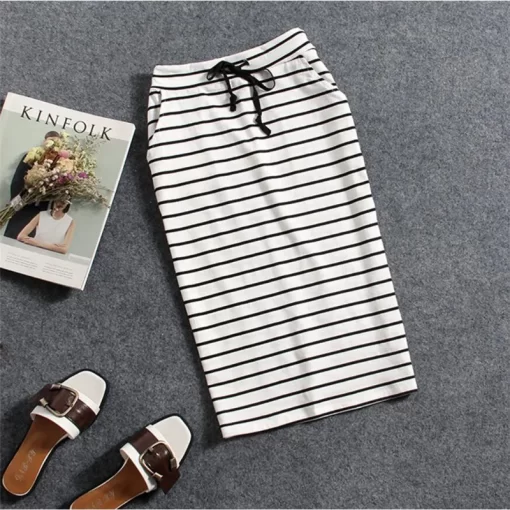 vctIKorean Womens Black White Striped One Step Skirt Spring Summer Woman Casual Pocket Mid length Slim