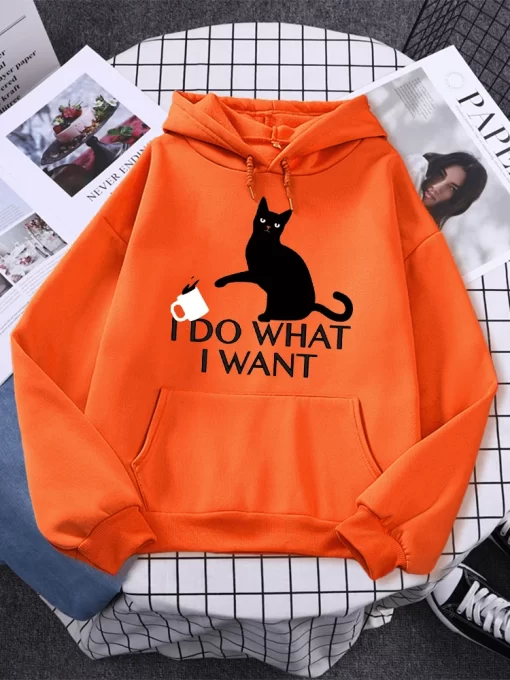 viy1I Do What I Want Black Cat Printing Hoodies Female Fashion Casual Clothing Autumn Fleece Pullover