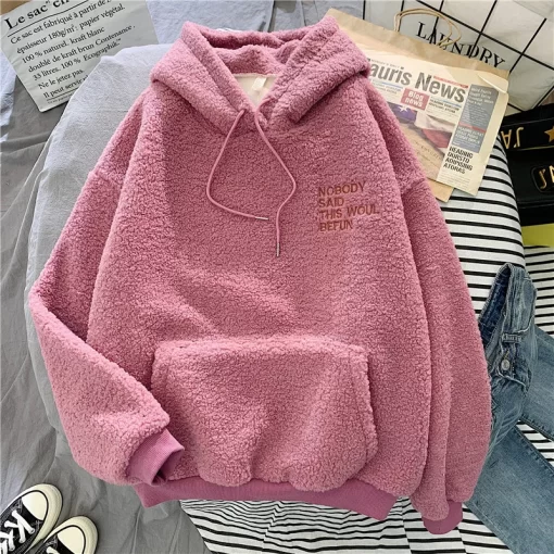wkYNLucyever Fashion Pink Sweet Hooded Sweatshirts Women Harajuku Letter Print Pocket Hoodies Woman Loose Fleece Pullovers