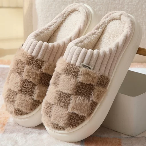 xQ4A2023 New Winter Fulffy Fur Slippers Men Plush Fleece Flat Slippers Sweet Thick Soled Indoor Cotton