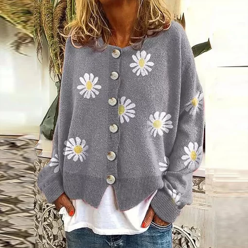xUZDWomen Cardigan Daisy Embroidery Knitted Sweater Single Breasted Full Sleeve V Neck Autumn Outwear Green Cardigan