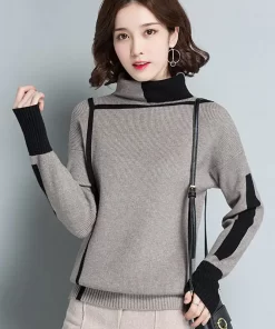 y8DnVintage Women Turtleneck Knitted Sweater Pullovers Spring Autumn Korean Fashion Cootrast Color Loose Casual Long Sleeve