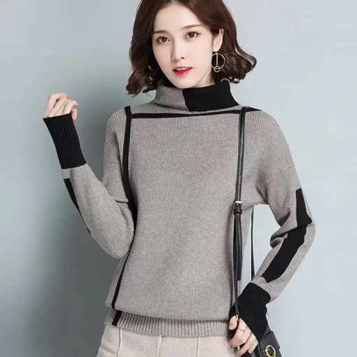 y8DnVintage Women Turtleneck Knitted Sweater Pullovers Spring Autumn Korean Fashion Cootrast Color Loose Casual Long Sleeve