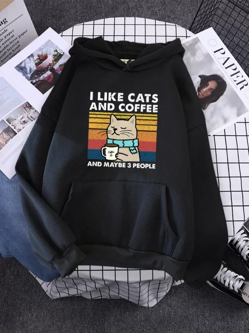 z8pqi like cats and coffee Printed Women Hoody Kpop Comfortable Tracksuit Solid Hooded Sportswear Personality Warm