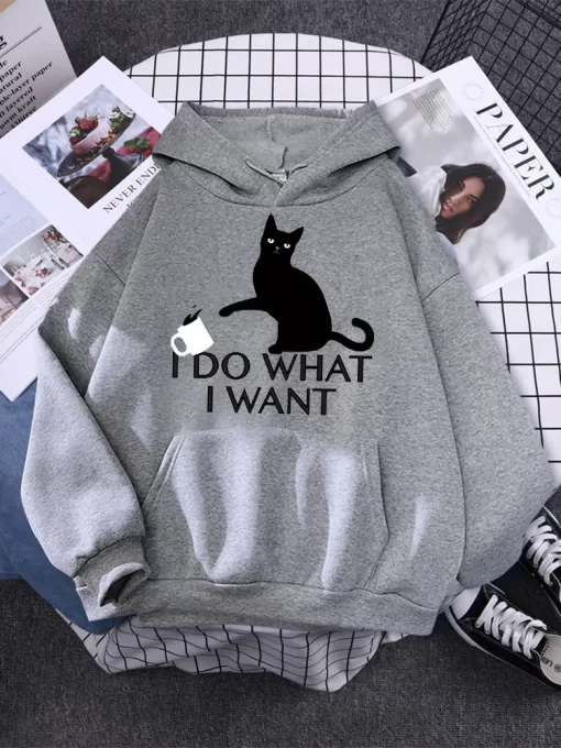 zd34I Do What I Want Black Cat Printing Hoodies Female Fashion Casual Clothing Autumn Fleece Pullover