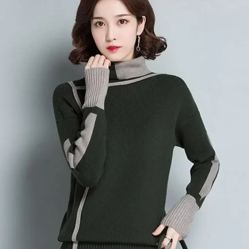 zxDmVintage Women Turtleneck Knitted Sweater Pullovers Spring Autumn Korean Fashion Cootrast Color Loose Casual Long Sleeve