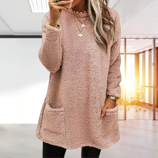 09T7Women Blouse Trendy Comfortable Long Sleeves Women Solid Color Loose Plush Pullover Top for Work Pullover