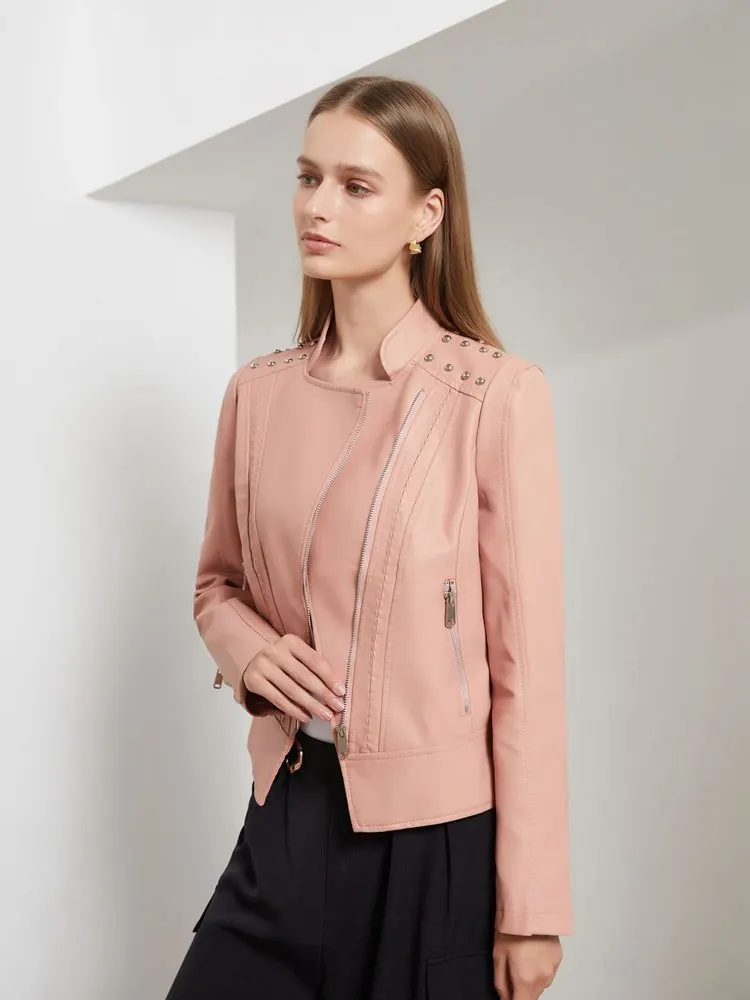 2022 New Women Spring Autumn Turn Down Collar Long Sleeve Slim Thin Small Coat Biker Suit.jpg (1)