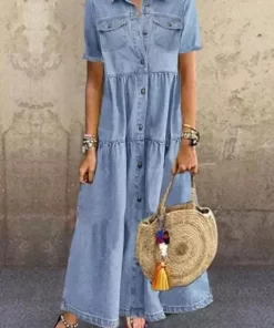 2023 Autumn Cowboy Style Women s Dress Blue Square Collar Short Sleeve Pockets Long Dresses Female.jpg 640x640.jpg (1)