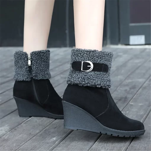 8Hj1Winter Boots Women Fur Warm Snow Boots Ladies Side Zip Wedges Flock Booties Ankle Boots Comfortable