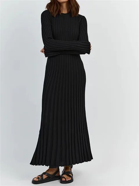 Autumn Pit Stripe Maxi Knitted Dress For Women Fashion V neck Pleated Long Sleeve Knitting Vestido.jpg 640x640.jpg (1)