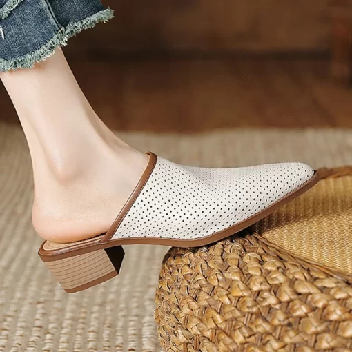Causal Mules Shoes Chunky Women Mid Heels Slippers Sandals Designer 2023 New Hollow Flip Flops Summer.jpg (2)