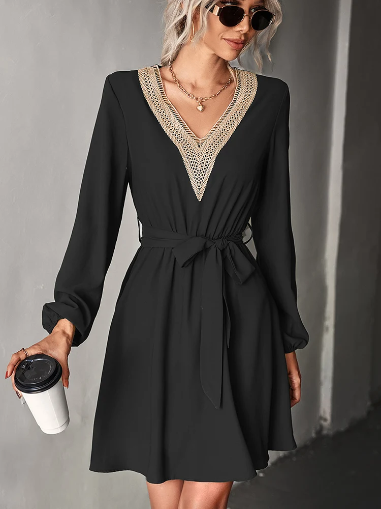 Elegant Lace Stitching Dress Women Casual Black Bandage V Neck Midi A line Dress Spring Autumn.jpg (1)