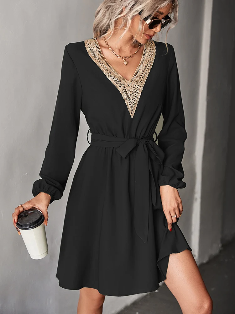 Elegant Lace Stitching Dress Women Casual Black Bandage V Neck Midi A line Dress Spring Autumn.jpg (3)
